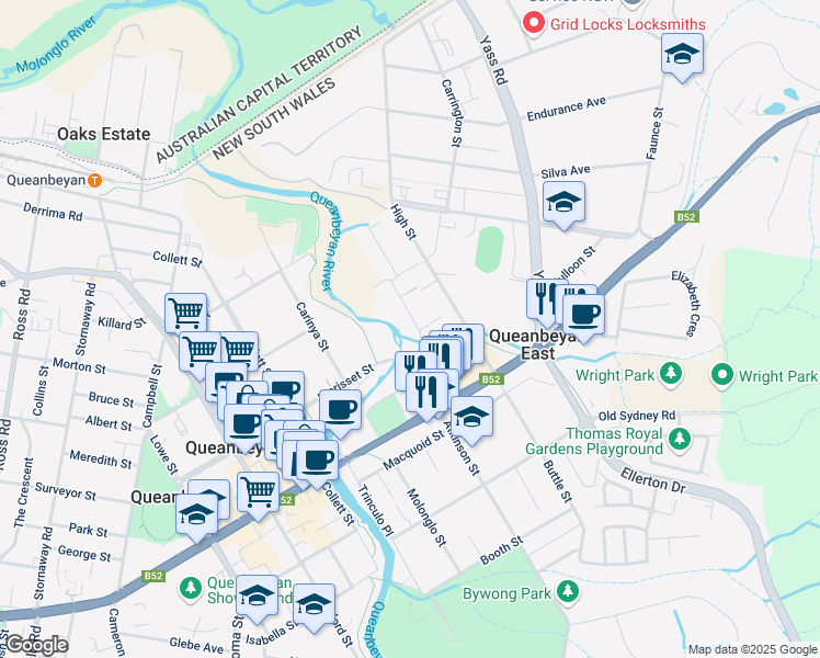 map of restaurants, bars, coffee shops, grocery stores, and more near in Queanbeyan East