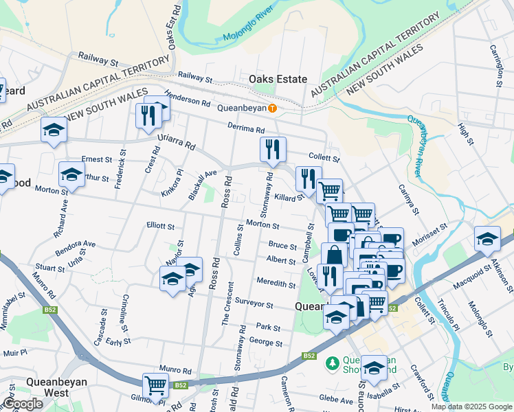 map of restaurants, bars, coffee shops, grocery stores, and more near 21 Stornaway Road in Queanbeyan