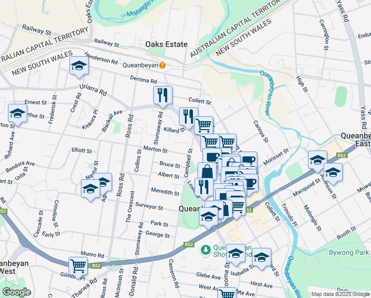 map of restaurants, bars, coffee shops, grocery stores, and more near 17 Campbell Street in Queanbeyan