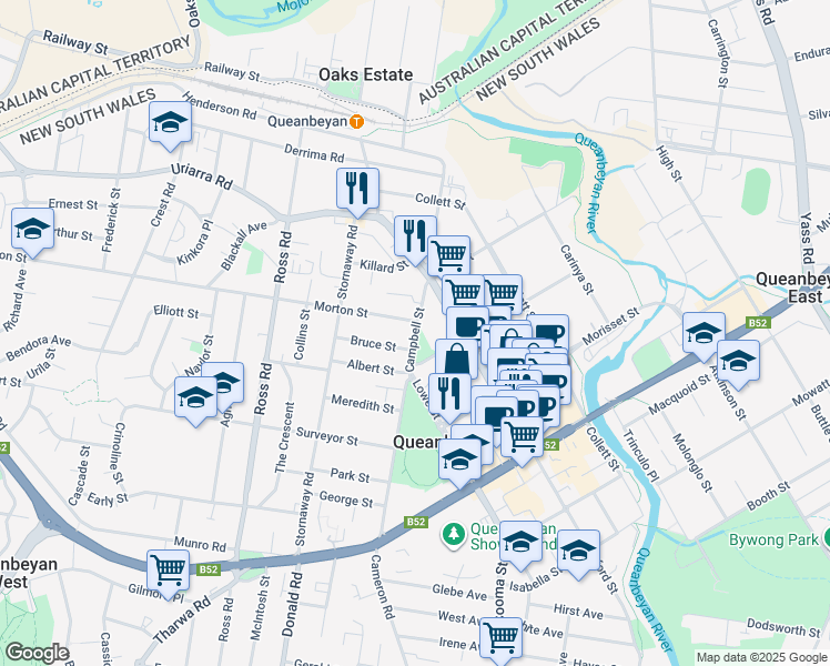 map of restaurants, bars, coffee shops, grocery stores, and more near 26 Campbell Street in Queanbeyan