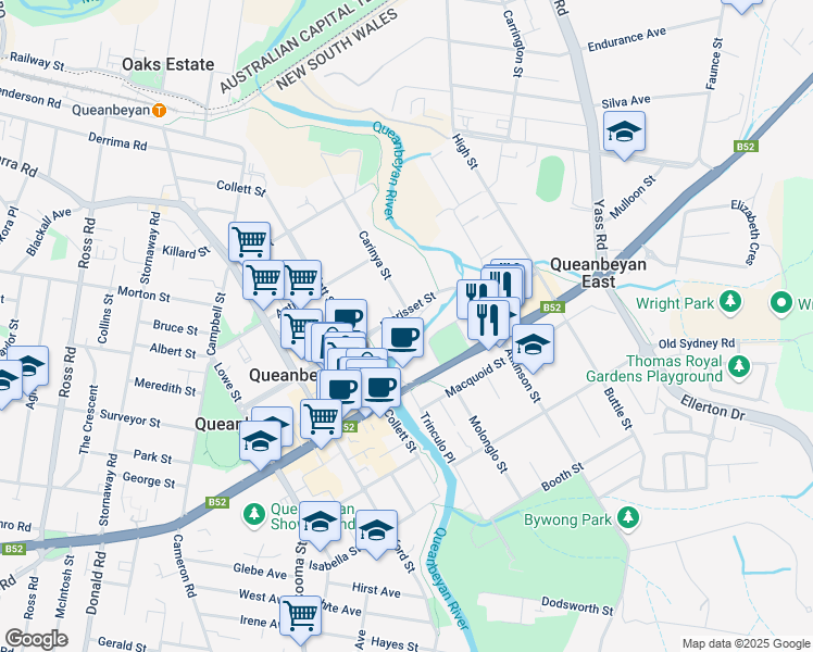 map of restaurants, bars, coffee shops, grocery stores, and more near 41A Morisset Street in Queanbeyan