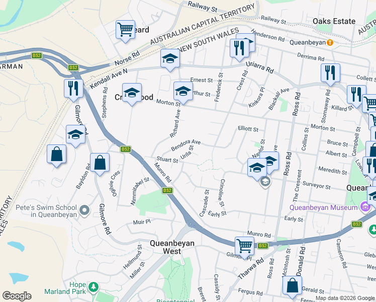 map of restaurants, bars, coffee shops, grocery stores, and more near 6 Urila Street in Crestwood