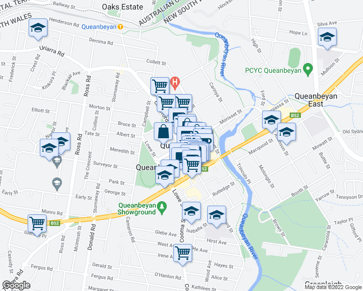 map of restaurants, bars, coffee shops, grocery stores, and more near in Queanbeyan