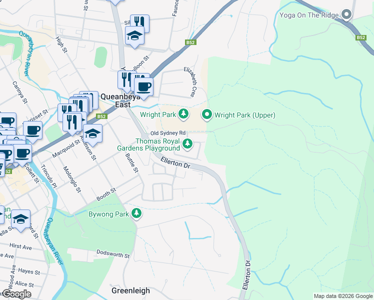 map of restaurants, bars, coffee shops, grocery stores, and more near 26 Thomas Royal Gardens in Queanbeyan East