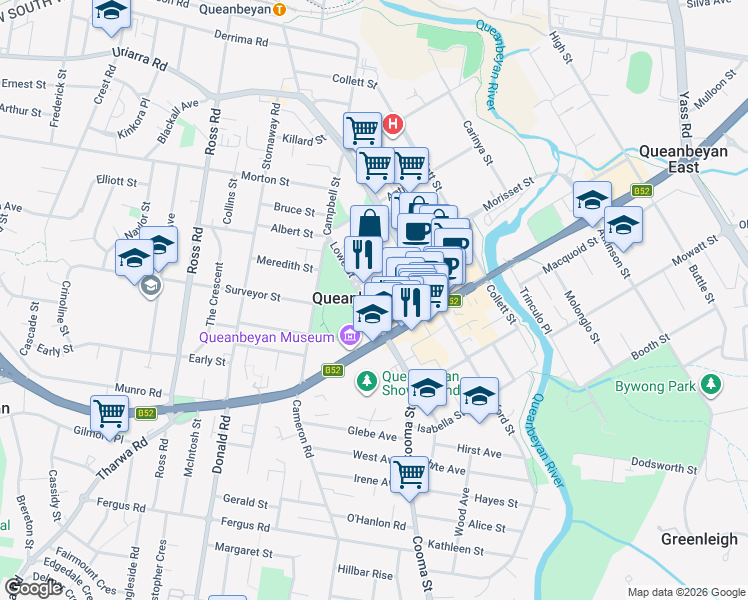 map of restaurants, bars, coffee shops, grocery stores, and more near 32 Lowe Street in Queanbeyan