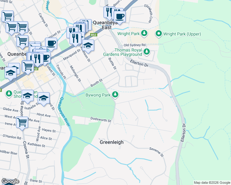 map of restaurants, bars, coffee shops, grocery stores, and more near 7 Bywong Street in Queanbeyan East