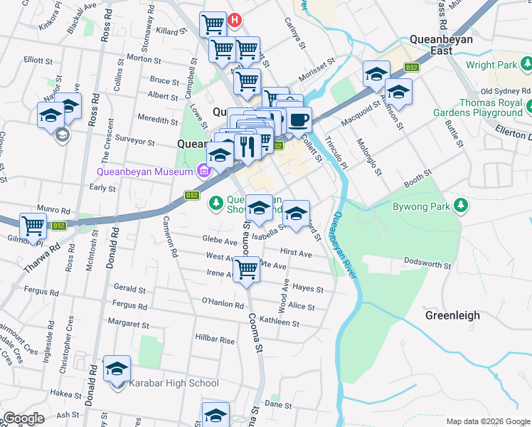 map of restaurants, bars, coffee shops, grocery stores, and more near 72 Lowe Street in Queanbeyan
