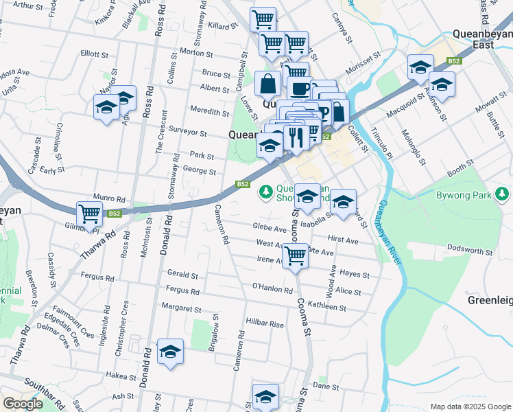 map of restaurants, bars, coffee shops, grocery stores, and more near 19 Farrer Place in Queanbeyan