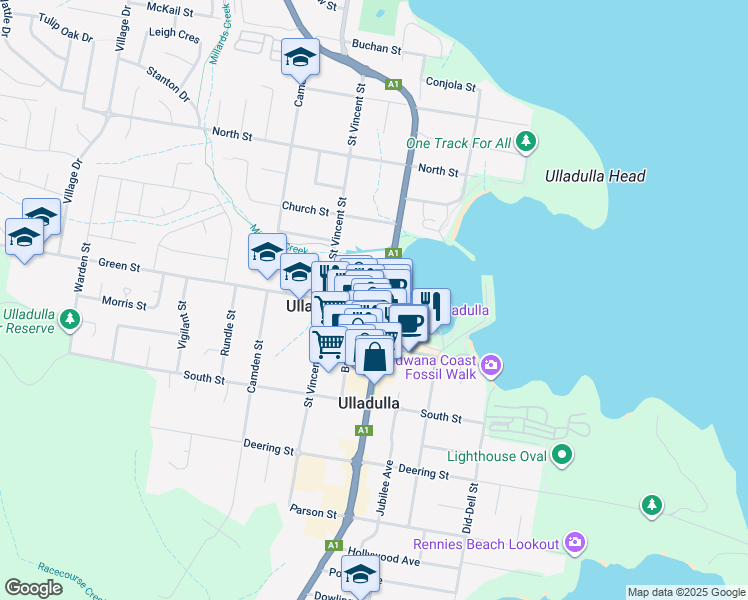 map of restaurants, bars, coffee shops, grocery stores, and more near 275 Green Street in Ulladulla