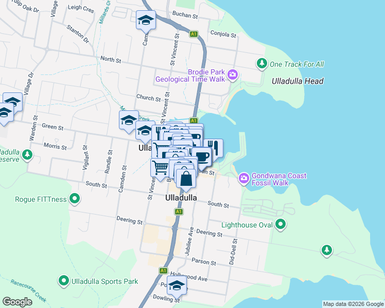 map of restaurants, bars, coffee shops, grocery stores, and more near 86 Princes Highway in Ulladulla