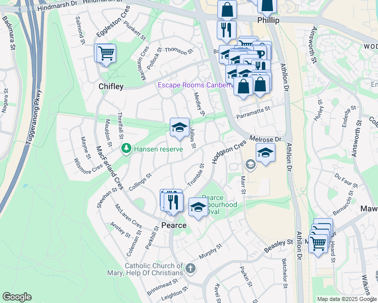 map of restaurants, bars, coffee shops, grocery stores, and more near 47 Collings Street in Pearce