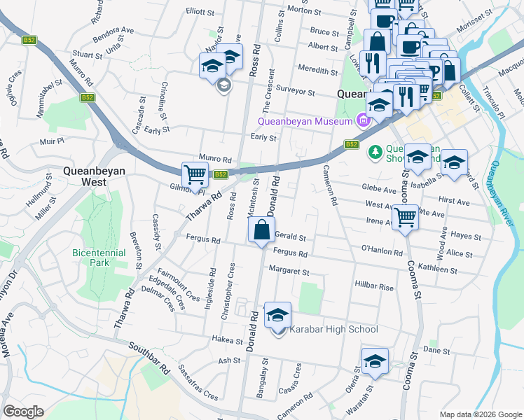 map of restaurants, bars, coffee shops, grocery stores, and more near 19 Donald Road in Queanbeyan