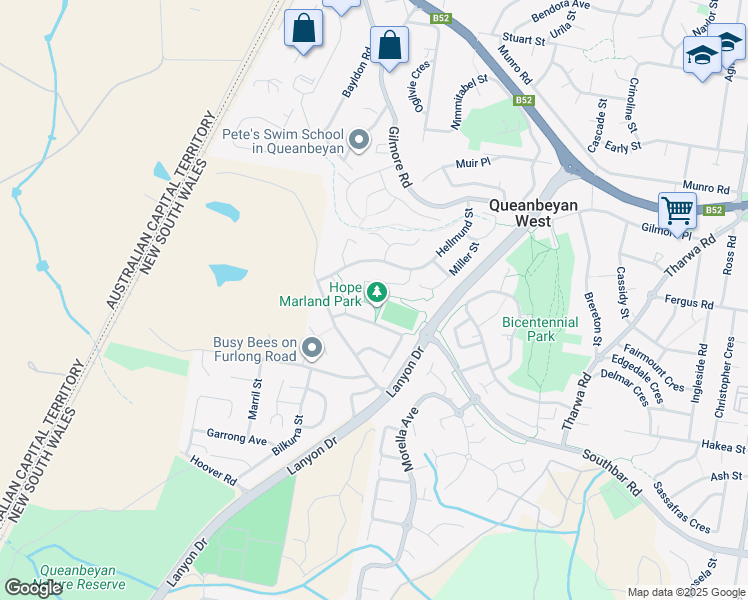 map of restaurants, bars, coffee shops, grocery stores, and more near 35 Maloney Street in Queanbeyan West
