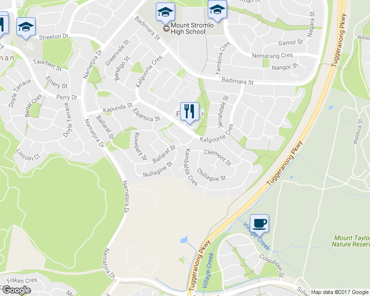 map of restaurants, bars, coffee shops, grocery stores, and more near 141 Kambalda Crescent in Weston Creek