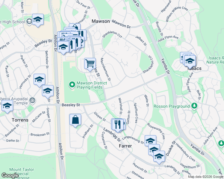 map of restaurants, bars, coffee shops, grocery stores, and more near 6 Hoadley Street in Mawson