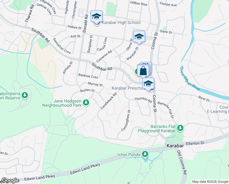map of restaurants, bars, coffee shops, grocery stores, and more near 24 Candlebark Road in Karabar