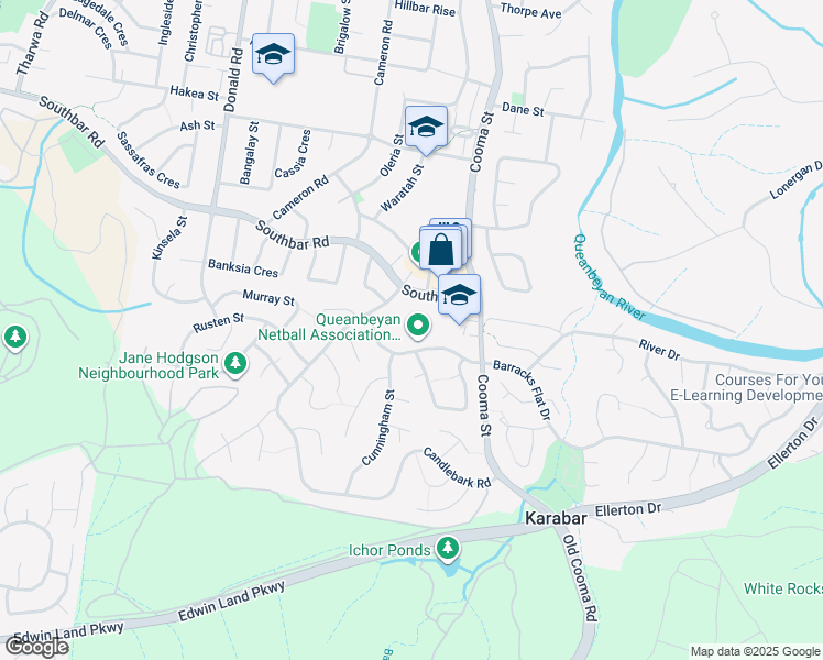 map of restaurants, bars, coffee shops, grocery stores, and more near 1 Thornton Road in Karabar