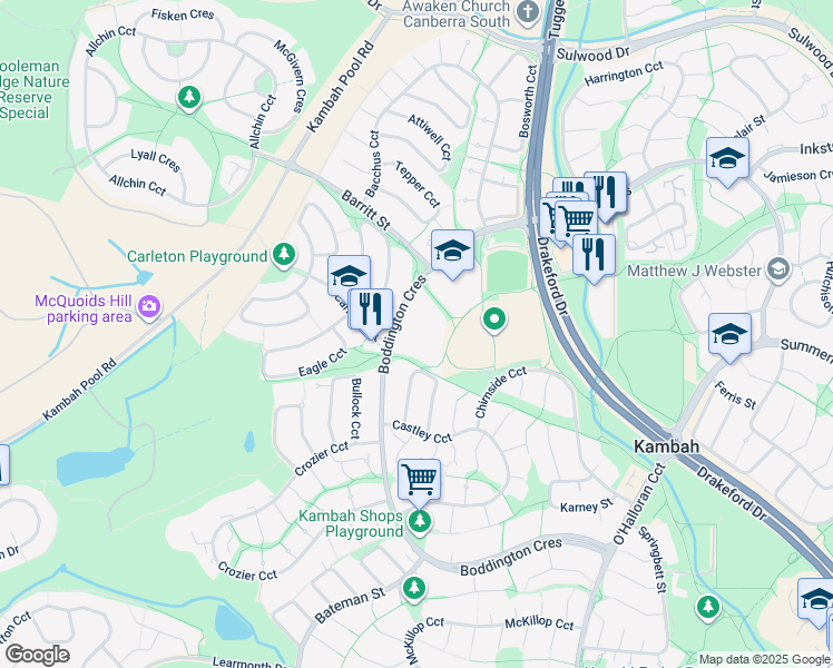 map of restaurants, bars, coffee shops, grocery stores, and more near 55 Boddington Crescent in Kambah