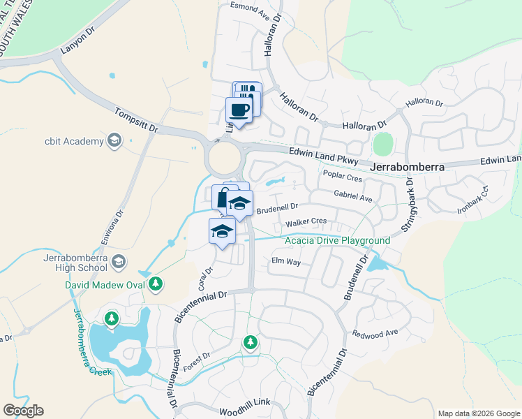 map of restaurants, bars, coffee shops, grocery stores, and more near 7 Brudenell Drive in Jerrabomberra