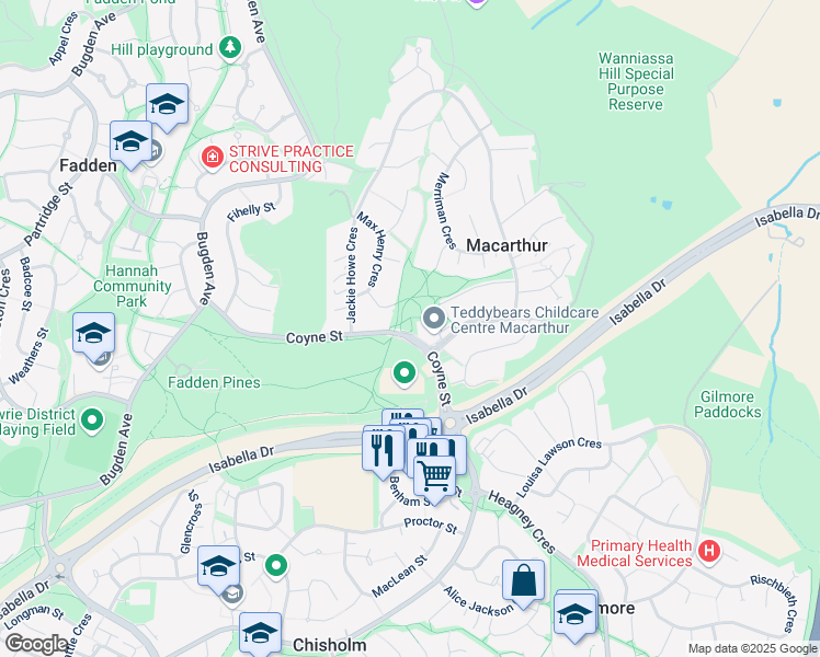 map of restaurants, bars, coffee shops, grocery stores, and more near 59 Coyne Street in Macarthur
