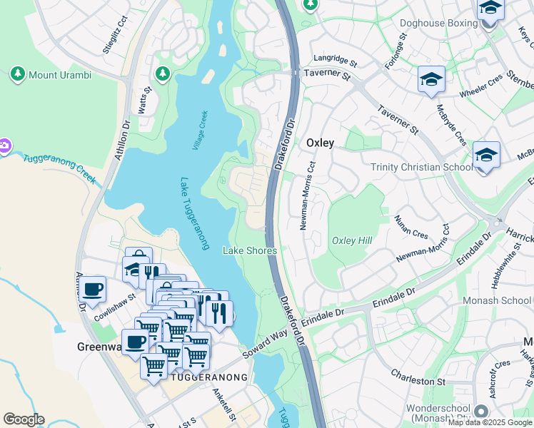 map of restaurants, bars, coffee shops, grocery stores, and more near Drakeford Drive in Greenway