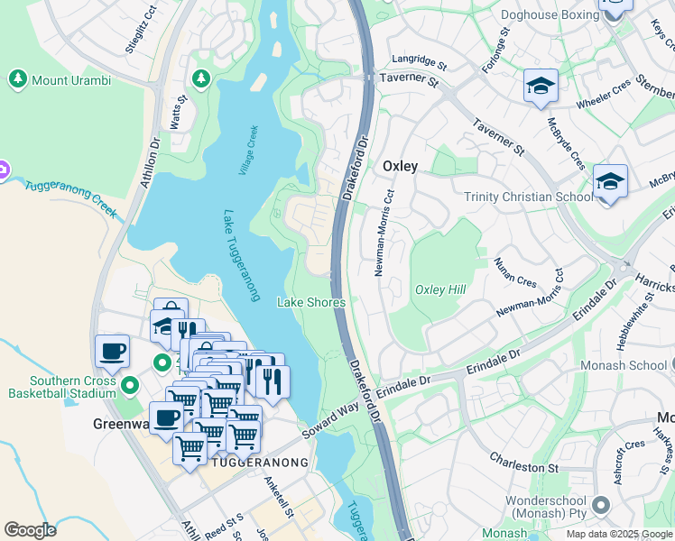 map of restaurants, bars, coffee shops, grocery stores, and more near Drakeford Drive in Greenway