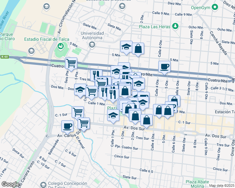 map of restaurants, bars, coffee shops, grocery stores, and more near 720 Dos Norte in Talca