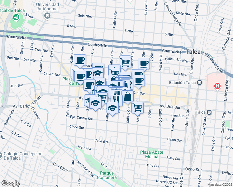 map of restaurants, bars, coffee shops, grocery stores, and more near 1085 5 Oriente in Talca