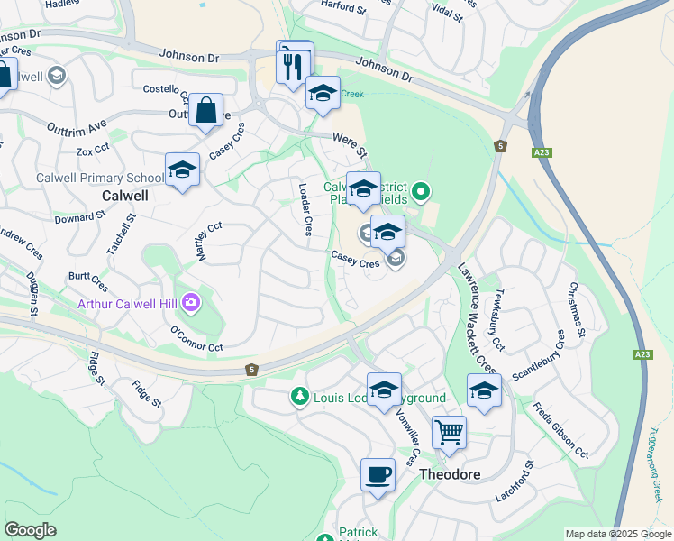 map of restaurants, bars, coffee shops, grocery stores, and more near 92 Casey Crescent in Calwell