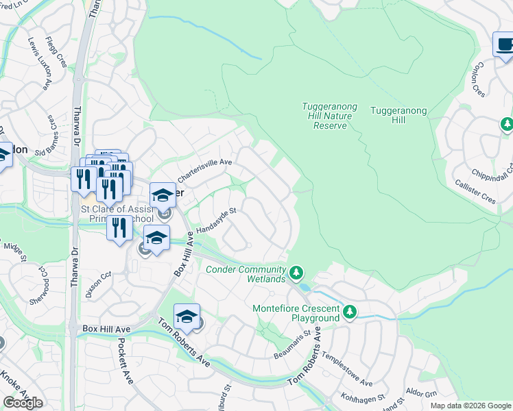map of restaurants, bars, coffee shops, grocery stores, and more near 10 Russell Drysdale Crescent in Conder