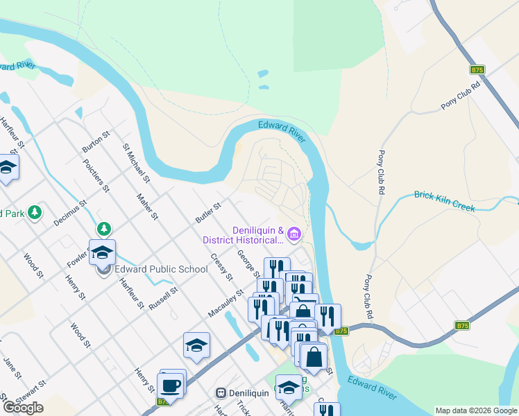 map of restaurants, bars, coffee shops, grocery stores, and more near 449 Charlotte Street in Deniliquin