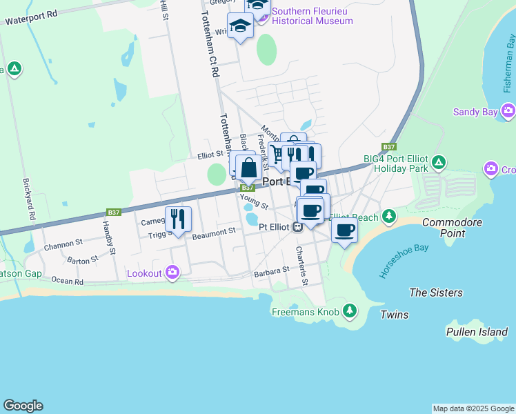 map of restaurants, bars, coffee shops, grocery stores, and more near 8 Young Street in Port Elliot