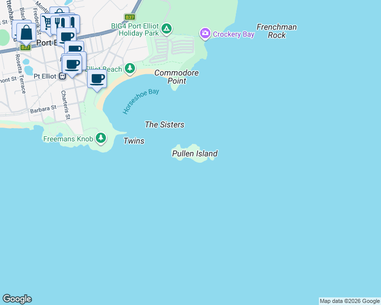 map of restaurants, bars, coffee shops, grocery stores, and more near in Port Elliot