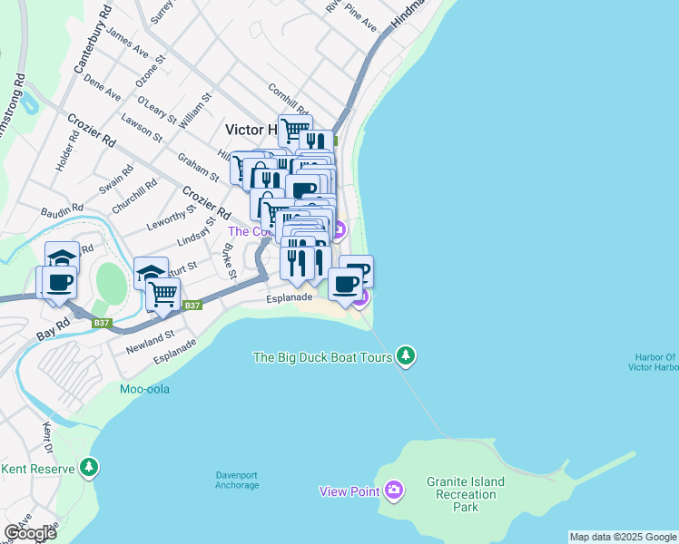 map of restaurants, bars, coffee shops, grocery stores, and more near 2 Railway Terrace in Victor Harbor