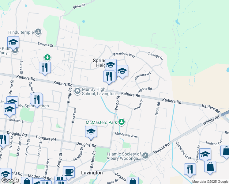 map of restaurants, bars, coffee shops, grocery stores, and more near Kaitlers Road in Lavington