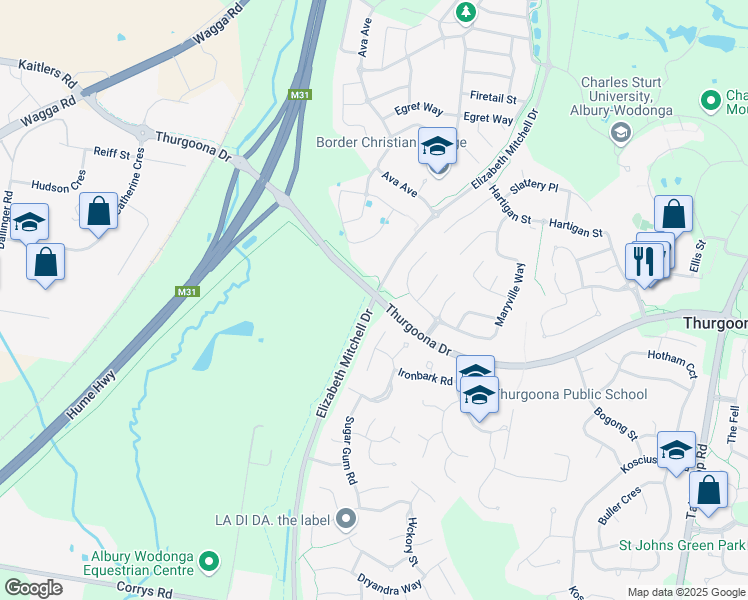 map of restaurants, bars, coffee shops, grocery stores, and more near Elizabeth Mitchell Drive in Thurgoona