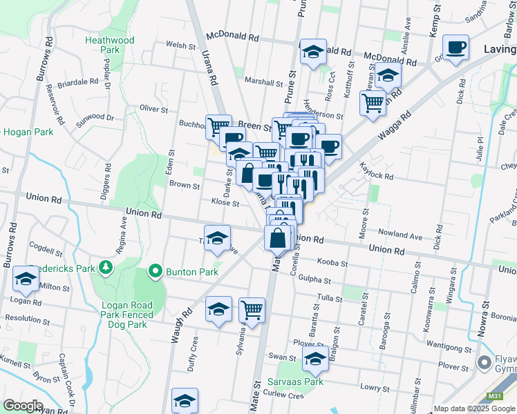 map of restaurants, bars, coffee shops, grocery stores, and more near 319 Urana Road in Lavington