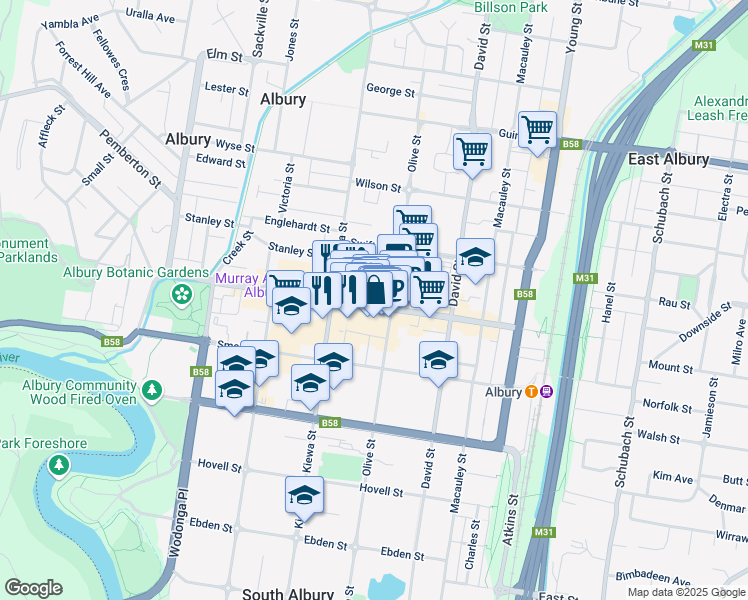 map of restaurants, bars, coffee shops, grocery stores, and more near Dean Street in Albury