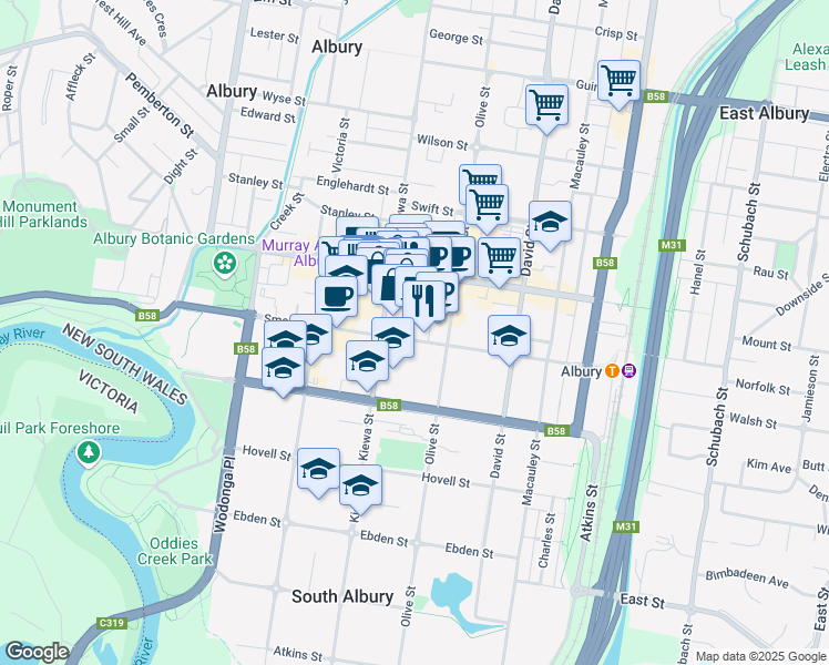 map of restaurants, bars, coffee shops, grocery stores, and more near 520 Smollett Street in Albury