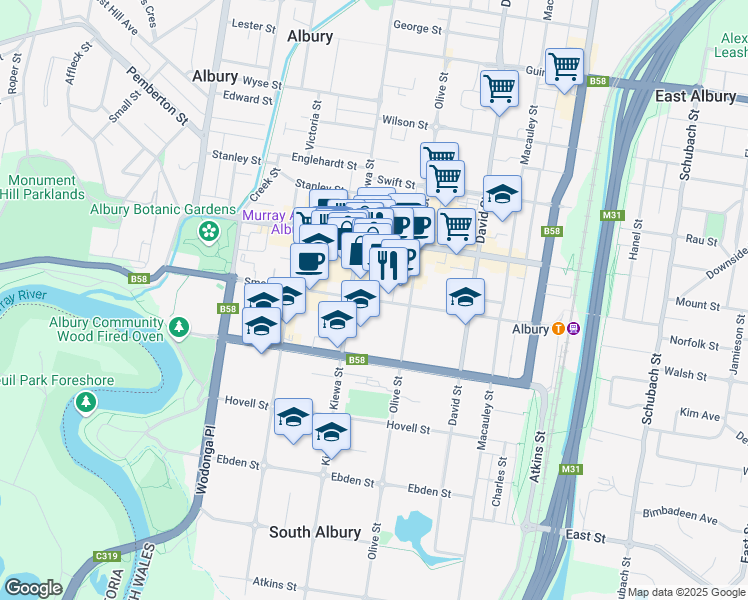 map of restaurants, bars, coffee shops, grocery stores, and more near 520 Smollett Street in Albury