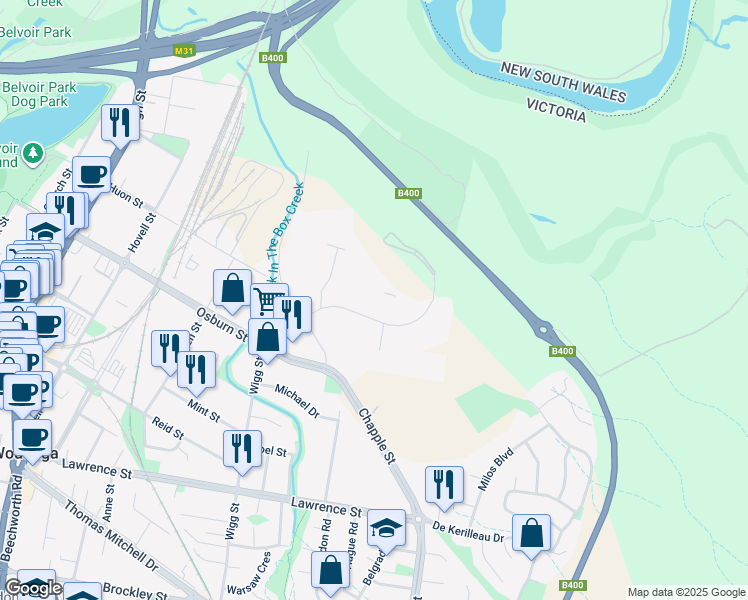 map of restaurants, bars, coffee shops, grocery stores, and more near 11 Kane Road in Wodonga