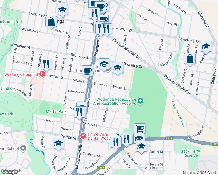 map of restaurants, bars, coffee shops, grocery stores, and more near 1 Wilson Street in Wodonga