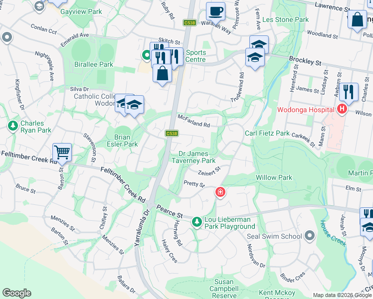 map of restaurants, bars, coffee shops, grocery stores, and more near 5 Norm Court in Wodonga