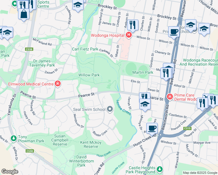map of restaurants, bars, coffee shops, grocery stores, and more near Pearce Street in Wodonga
