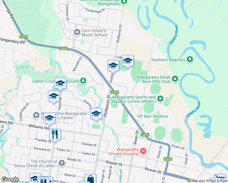 map of restaurants, bars, coffee shops, grocery stores, and more near Edwards Street in Wangaratta