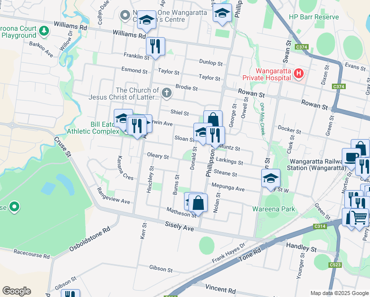 map of restaurants, bars, coffee shops, grocery stores, and more near 9 Brien Crescent in Wangaratta