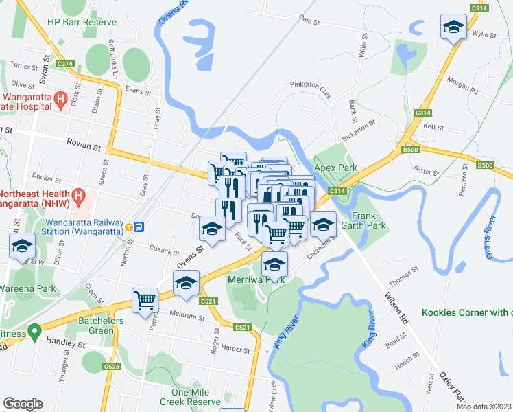 map of restaurants, bars, coffee shops, grocery stores, and more near 76 Ovens Street in Wangaratta