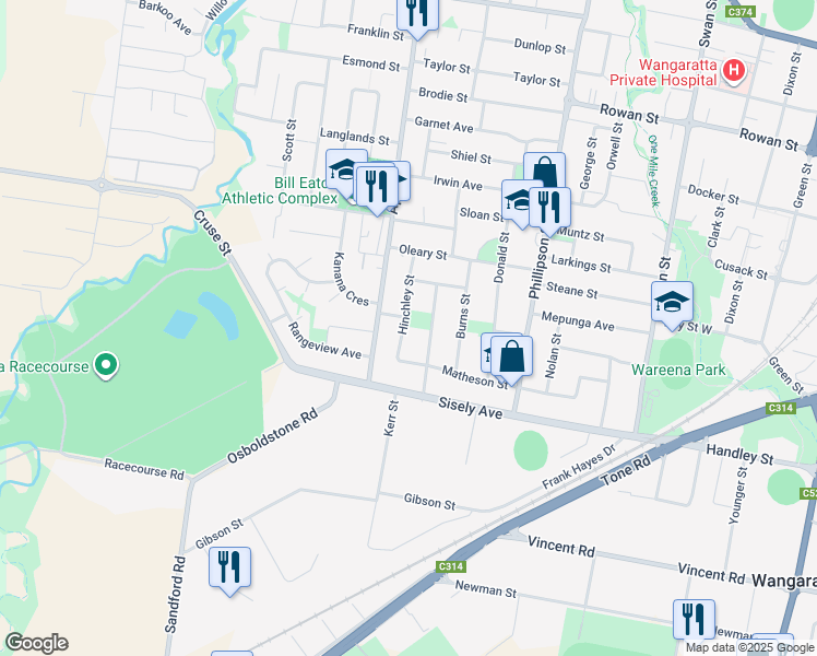 map of restaurants, bars, coffee shops, grocery stores, and more near 10 Hinchley Street in Wangaratta