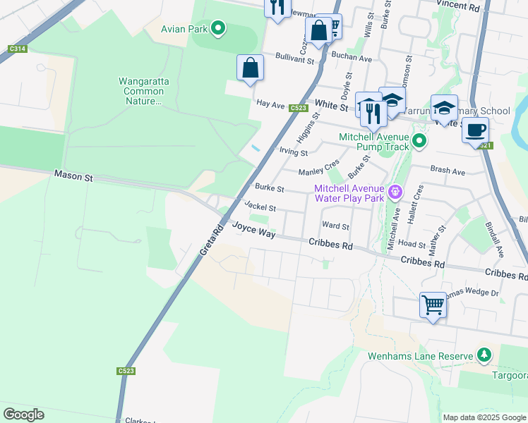 map of restaurants, bars, coffee shops, grocery stores, and more near 23 Jackel Street in Wangaratta