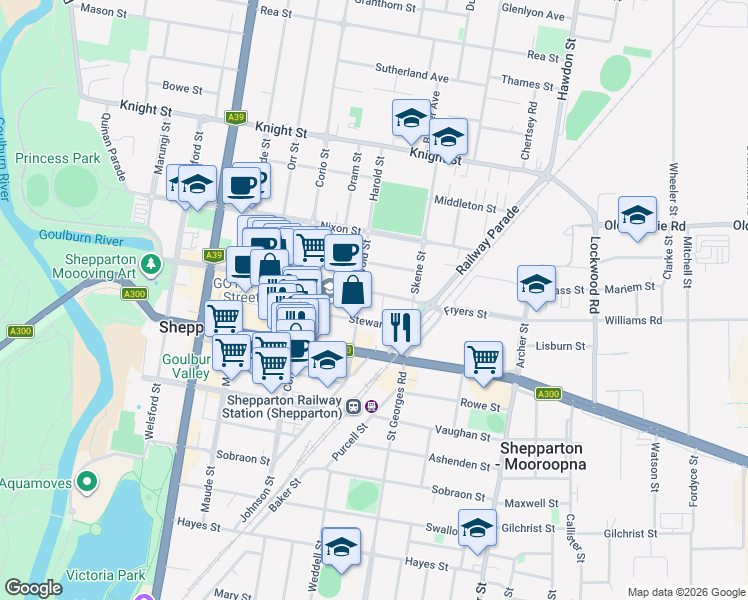 map of restaurants, bars, coffee shops, grocery stores, and more near 212 Fryers Street in Shepparton
